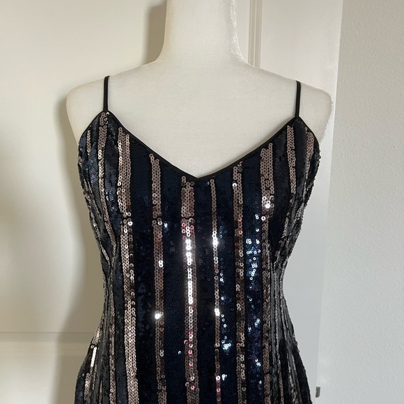 NWT Maeve Anthropologie Black Blue Silver Sequin Dress Small Petite - Picture 5 of 13